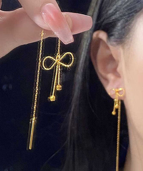 Gold Bow Sterling Drop Earrings Stylish Overgild Silver FashionChic
