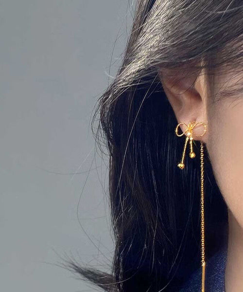 Gold Bow Sterling Drop Earrings Stylish Overgild Silver FashionChic