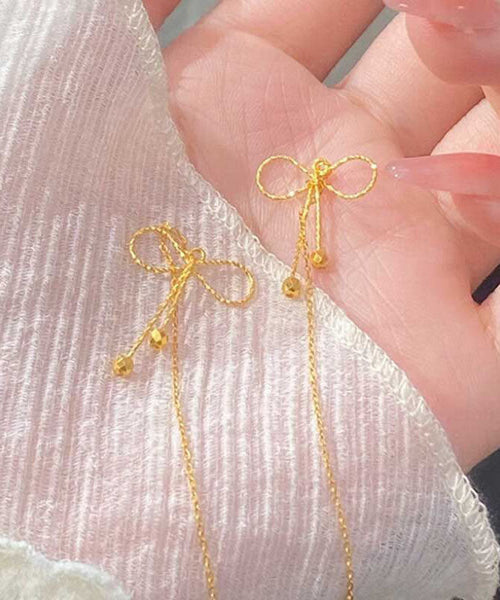 Gold Bow Sterling Drop Earrings Stylish Overgild Silver FashionChic