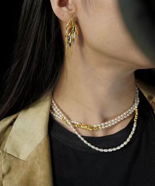 Stylish Gold Sterling Silver Overgild Ear Of Wheat Tassel Drop Earrings QQ061 JEW-EAR240811