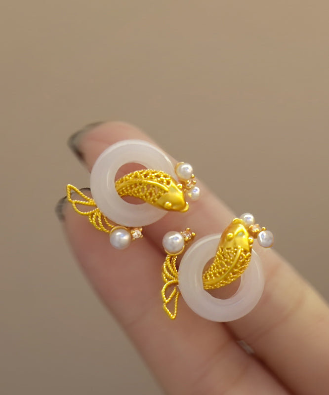 Stylish Gold Sterling Silver Overgild Jade Pearl Brocaded Carp Hoop Earrings YD038 ABC