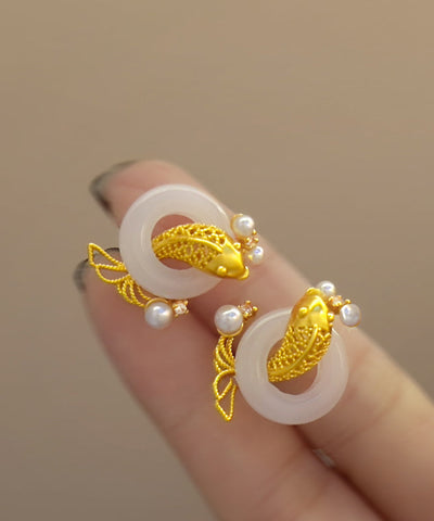 Stylish Gold Sterling Silver Overgild Jade Pearl Brocaded Carp Hoop Earrings YD038 ABC