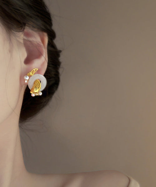 Stylish Gold Sterling Silver Overgild Jade Pearl Brocaded Carp Hoop Earrings YD038 ABC