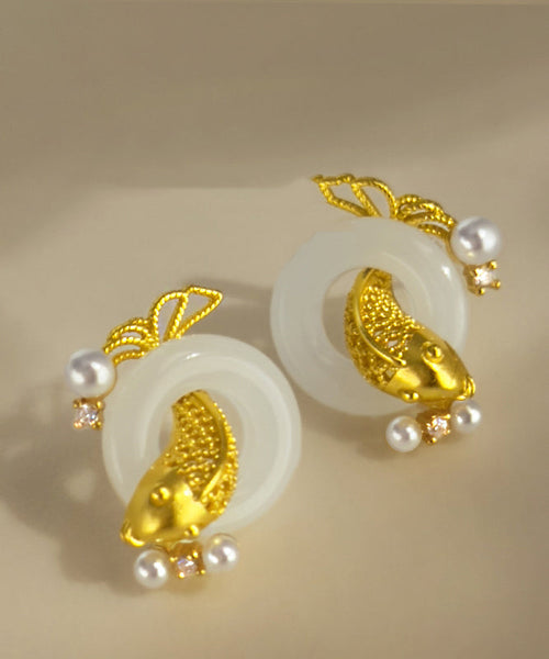 Stylish Gold Sterling Silver Overgild Jade Pearl Brocaded Carp Hoop Earrings YD038 ABC