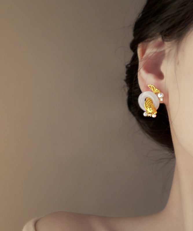 Stylish Gold Sterling Silver Overgild Jade Pearl Brocaded Carp Hoop Earrings YD038 ABC