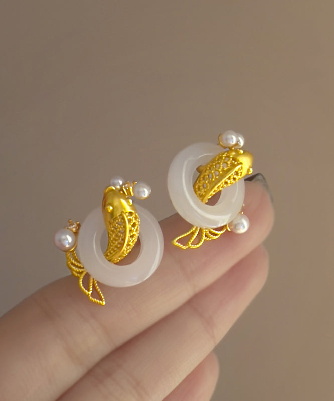 Stylish Gold Sterling Silver Overgild Jade Pearl Brocaded Carp Hoop Earrings YD038 ABC