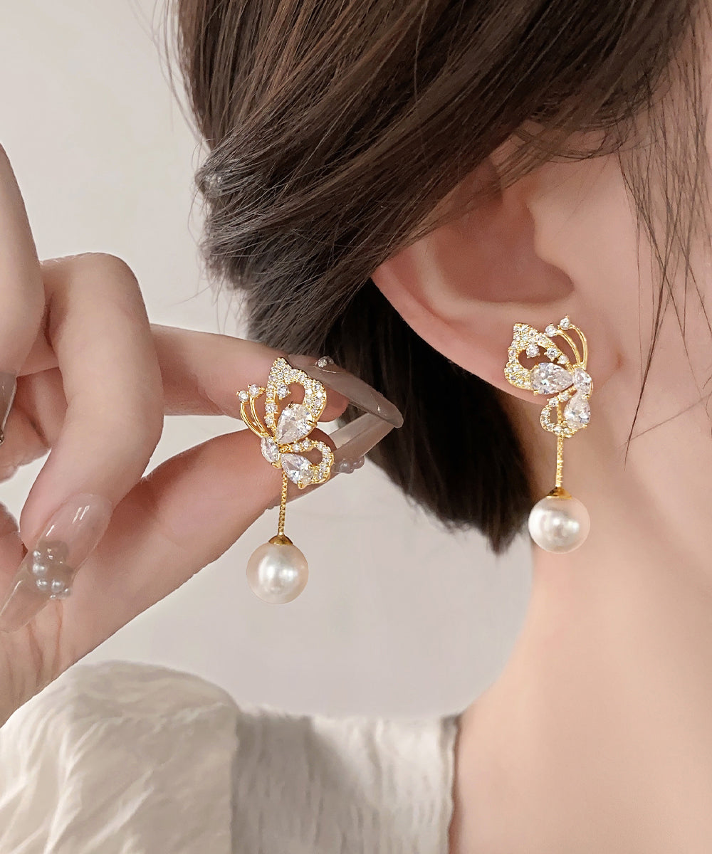 Stylish Gold Sterling Silver Overgild Zircon Butterfly Pearl Drop Earrings YX019 ABC
