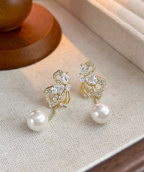 Stylish Gold Sterling Silver Overgild Zircon Butterfly Pearl Drop Earrings YX019 ABC