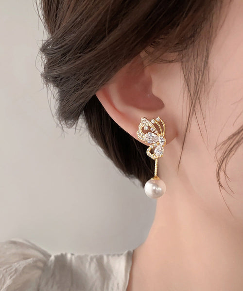 Stylish Gold Sterling Silver Overgild Zircon Butterfly Pearl Drop Earrings YX019 ABC