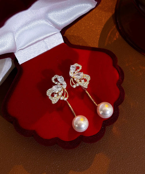 Stylish Gold Sterling Silver Overgild Zircon Butterfly Pearl Drop Earrings YX019 ABC