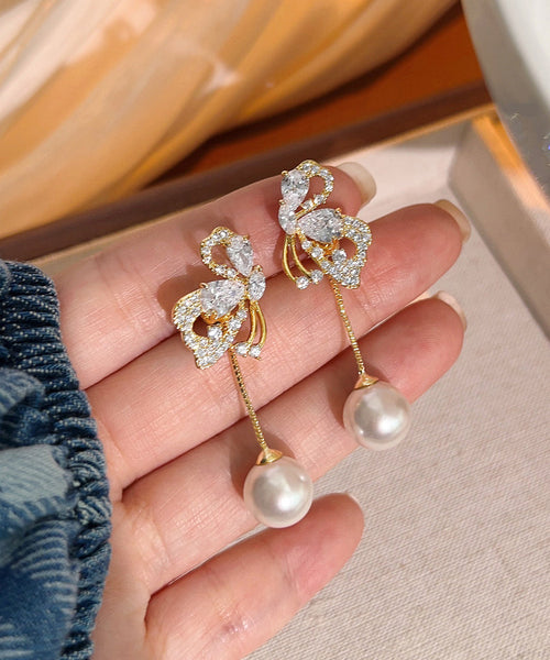 Stylish Gold Sterling Silver Overgild Zircon Butterfly Pearl Drop Earrings YX019 ABC