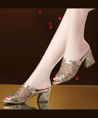 Stylish Gold Tulle Sequins Chunky Heel Slide Sandals UU013 OM-XZ240821