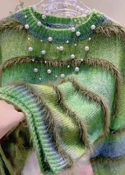 Stylish Gradient Color Green O-Neck Striped Cozy Cotton Knit Sweaters Winter RK014 ABC