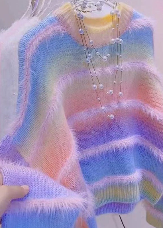 Stylish Gradient Color Green O-Neck Striped Cozy Cotton Knit Sweaters Winter RK014 ABC