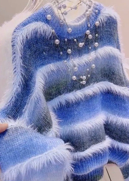 Stylish Gradient Color Green O-Neck Striped Cozy Cotton Knit Sweaters Winter RK014 ABC