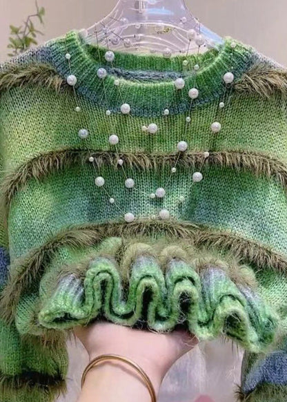 Stylish Gradient Color Green O-Neck Striped Cozy Cotton Knit Sweaters Winter RK014 ABC