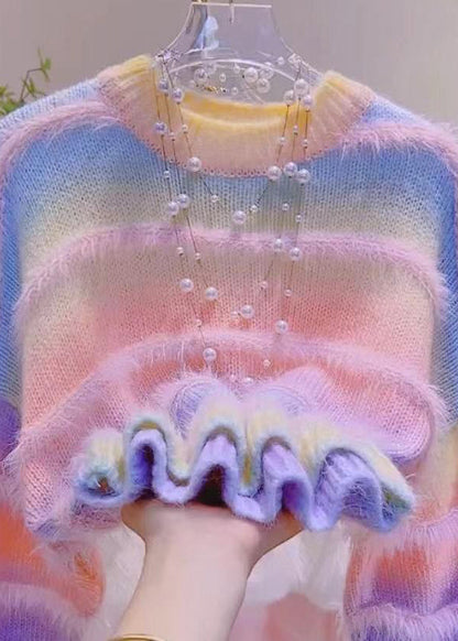 Stylish Gradient Color Green O-Neck Striped Cozy Cotton Knit Sweaters Winter RK014 ABC