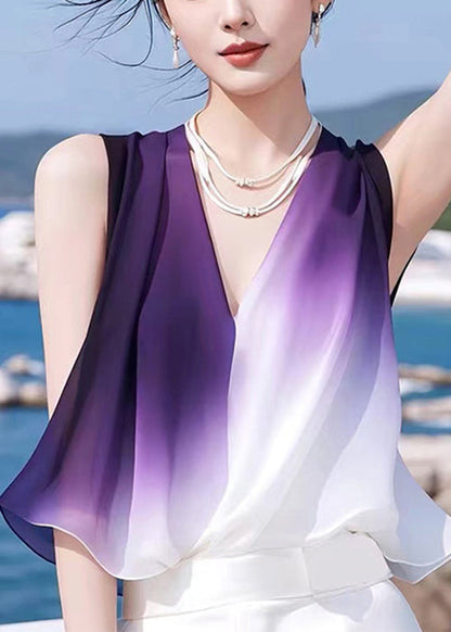 Sleeveless Neck V Gradient Tank Chiffon Stylish Patchwork Color FashionChic