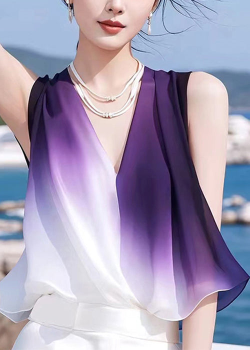 Sleeveless Neck V Gradient Tank Chiffon Stylish Patchwork Color FashionChic