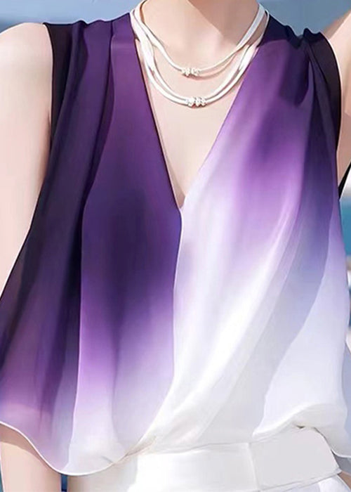 Sleeveless Neck V Gradient Tank Chiffon Stylish Patchwork Color FashionChic