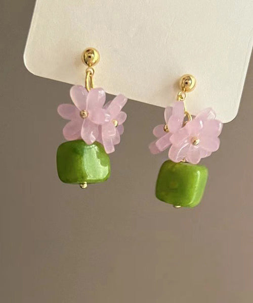 Stylish Green Alloy Resin Floral Block Drop Earrings YX015 ABC