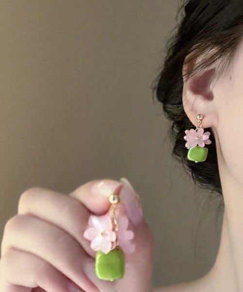 Stylish Green Alloy Resin Floral Block Drop Earrings YX015 ABC