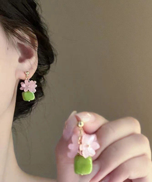 Stylish Green Alloy Resin Floral Block Drop Earrings YX015 ABC