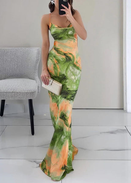 Print Summer Maxi Backless Dresses Stylish Up Lace Green FashionChic