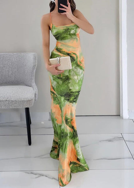 Print Summer Maxi Backless Dresses Stylish Up Lace Green FashionChic