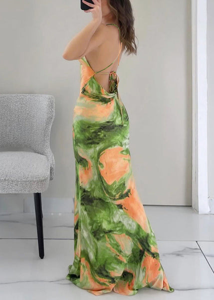 Print Summer Maxi Backless Dresses Stylish Up Lace Green FashionChic