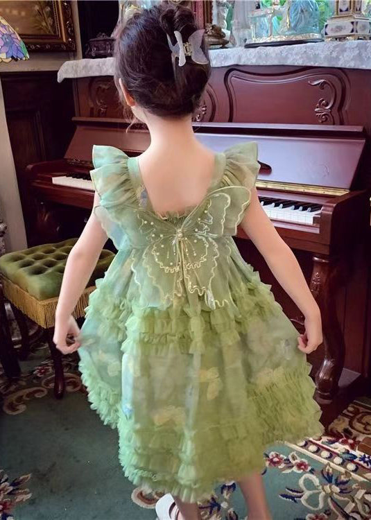 Stylish Green Bow Tulle Patchwork Girls Long Dress Summer TT002 WS-RCTZSDGL240815