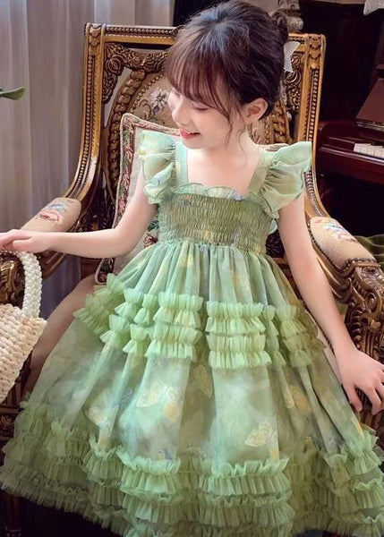 Stylish Green Bow Tulle Patchwork Girls Long Dress Summer TT002 WS-RCTZSDGL240815