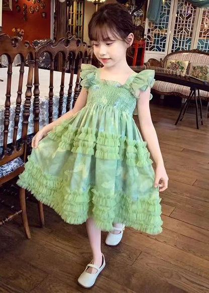 Stylish Green Bow Tulle Patchwork Girls Long Dress Summer TT002 WS-RCTZSDGL240815