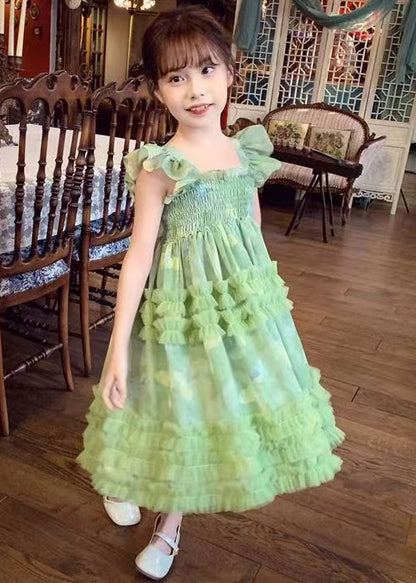 Stylish Green Bow Tulle Patchwork Girls Long Dress Summer TT002 WS-RCTZSDGL240815