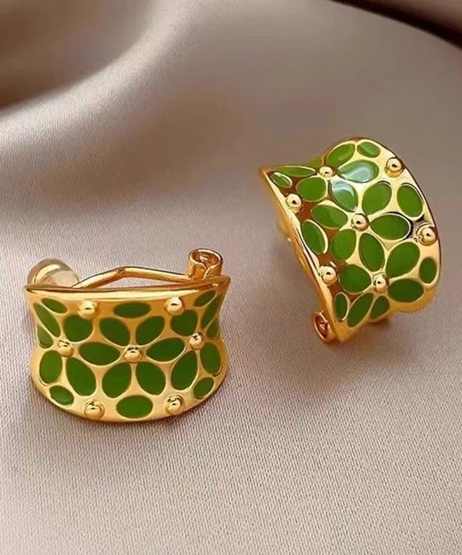 Stylish Green Floral Copper Hoop C-Shaped Earrings FashionChic