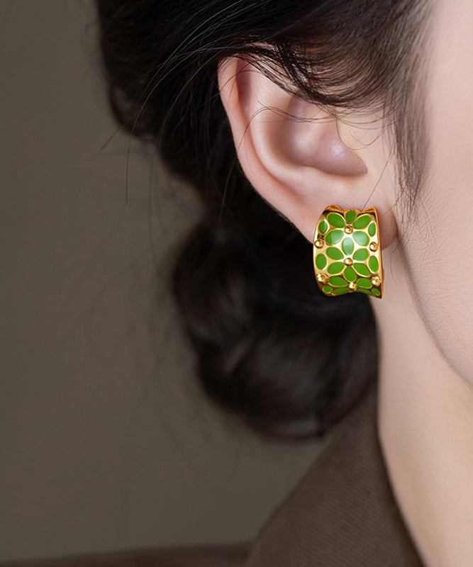 Stylish Green Floral Copper Hoop C-Shaped Earrings FashionChic