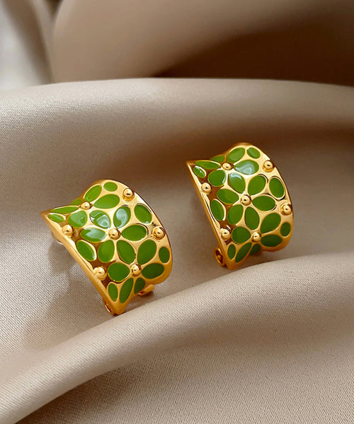 Stylish Green Floral Copper Hoop C-Shaped Earrings FashionChic