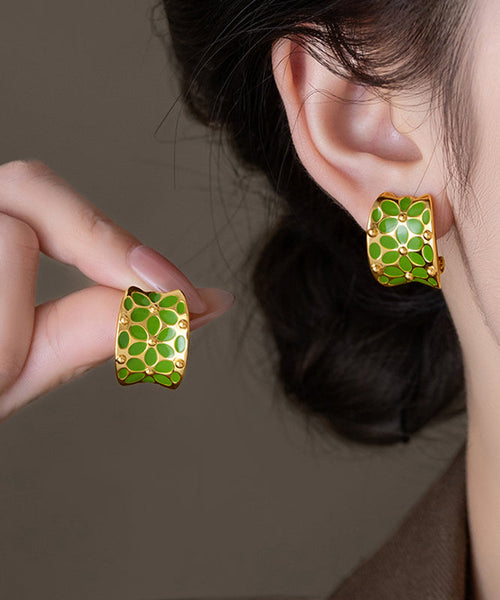 Stylish Green Floral Copper Hoop C-Shaped Earrings FashionChic