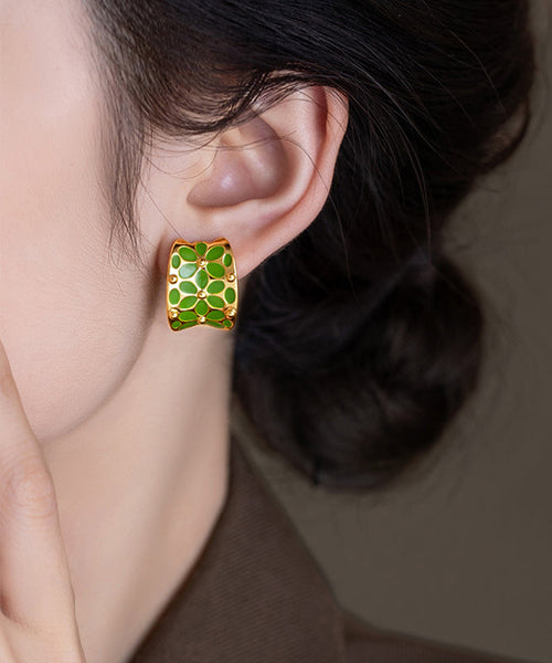 Stylish Green Floral Copper Hoop C-Shaped Earrings FashionChic