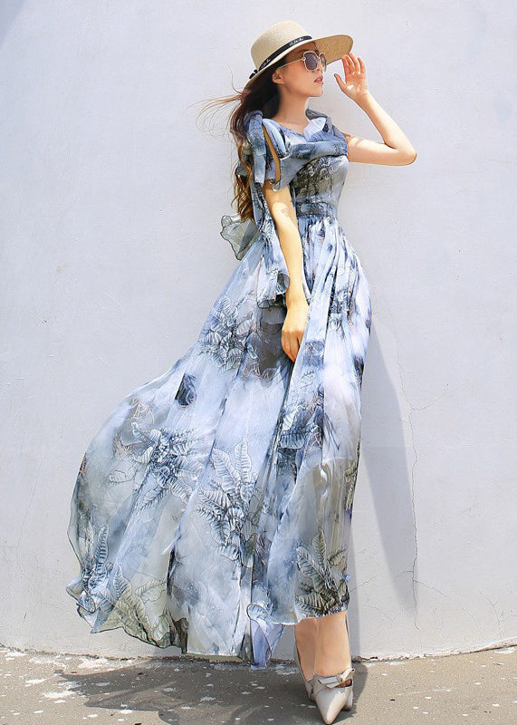 Stylish Green Floral V Neck Chiffon Beach Long Dresses Flared Sleeve WW1009 Ada Fashion
