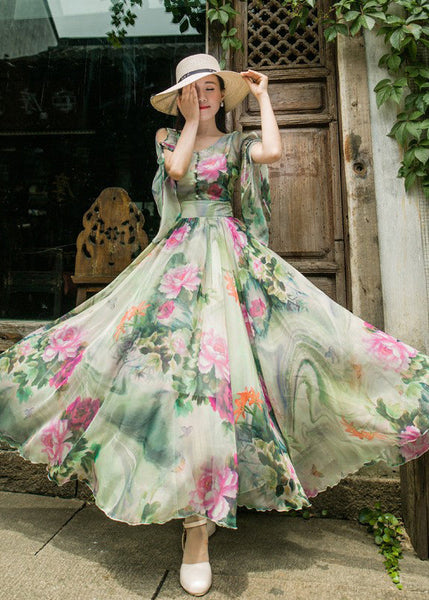 Stylish Green Floral V Neck Chiffon Beach Long Dresses Flared Sleeve WW1009 Ada Fashion