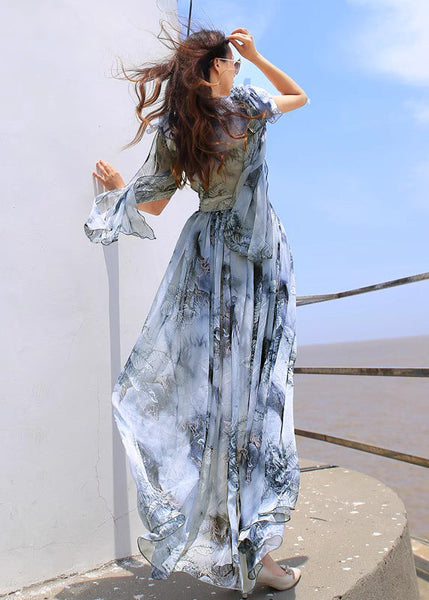 Stylish Green Floral V Neck Chiffon Beach Long Dresses Flared Sleeve WW1009 Ada Fashion