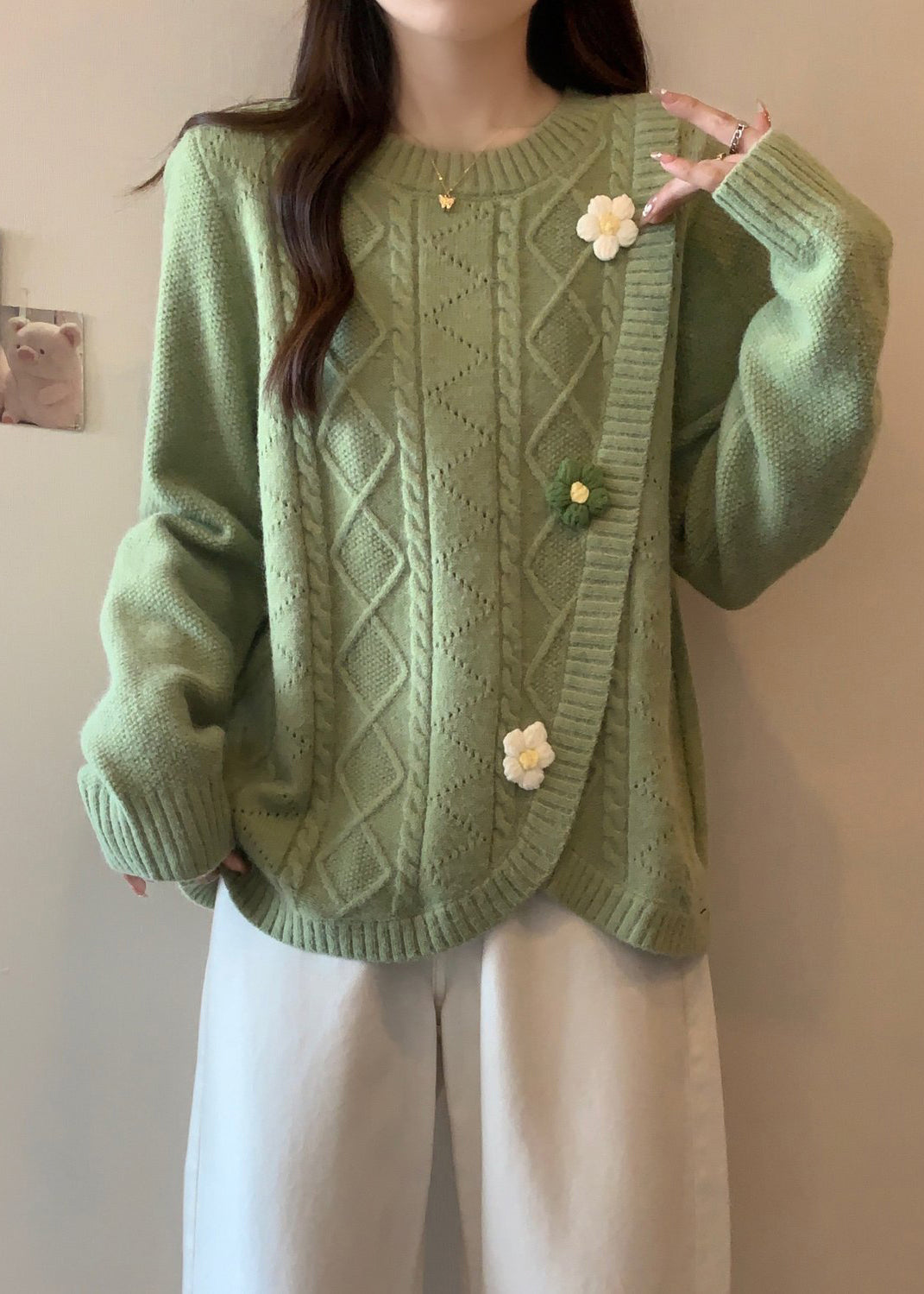 Stylish Green O Neck Asymmetrical Floral Knit Sweaters Winter RG040 ABC