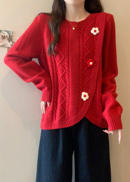 Stylish Green O Neck Asymmetrical Floral Knit Sweaters Winter RG040 ABC