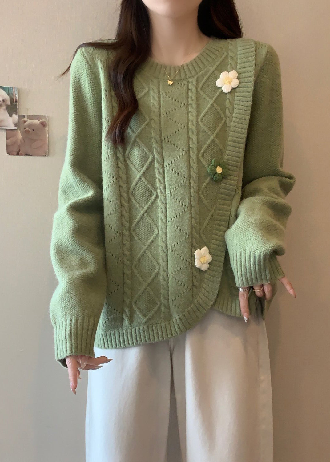 Stylish Green O Neck Asymmetrical Floral Knit Sweaters Winter RG040 ABC