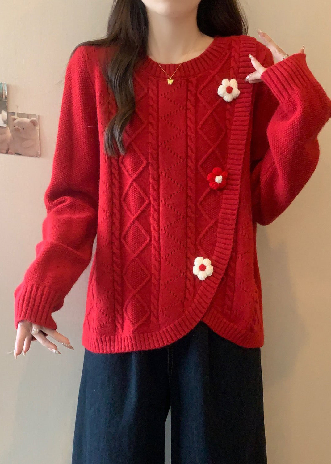 Stylish Green O Neck Asymmetrical Floral Knit Sweaters Winter RG040 ABC