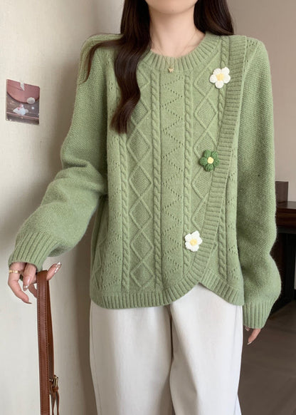 Stylish Green O Neck Asymmetrical Floral Knit Sweaters Winter RG040 ABC