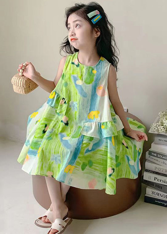 Stylish Green O Neck Print Cotton Girls Dresses Sleeveless EW061 WS-RCTZSDGL240809