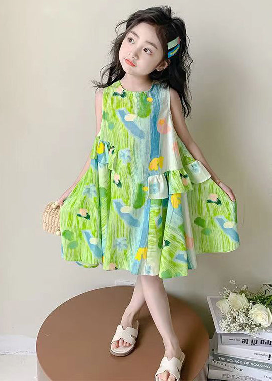 Stylish Green O Neck Print Cotton Girls Dresses Sleeveless EW061 WS-RCTZSDGL240809