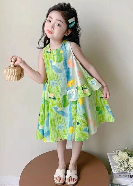 Stylish Green O Neck Print Cotton Girls Dresses Sleeveless EW061 WS-RCTZSDGL240809